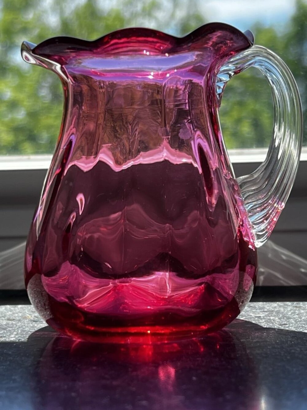Cranberry Pilgrim Glass Mini Pitcher Ruffled Edge Hand Blown Clear Handle 5.5”